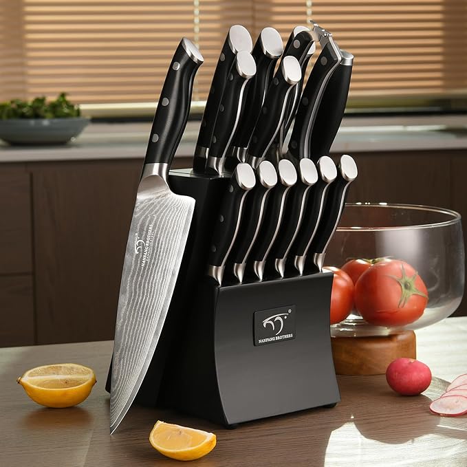 Damascus Kitchen Knife Set, 15-Piece Kitchen Knife Set with Block, ABS Ergonomic Handle for Chef Knife Set and Serrated Steak Knives Knife Sharpener and Kitchen Shears, 14 Slots Wooden Knife Block