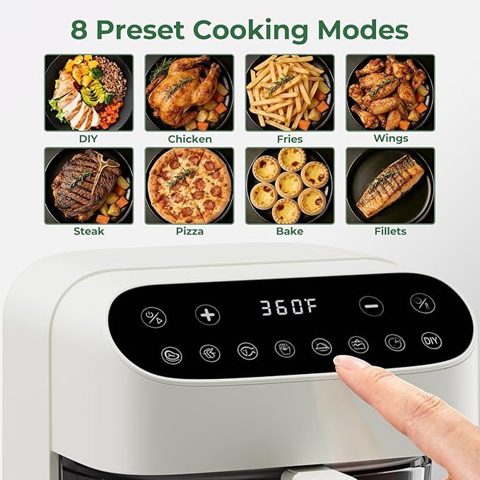 Havato 5 Quart Glass Air Fryer, Non-Toxic High Borosilicate Glass Basket with No Coating, Air Fryer Oven with 8 Preset Modes, PTFE/PFAS Free, Visible Window, Dishwasher Safe, White
