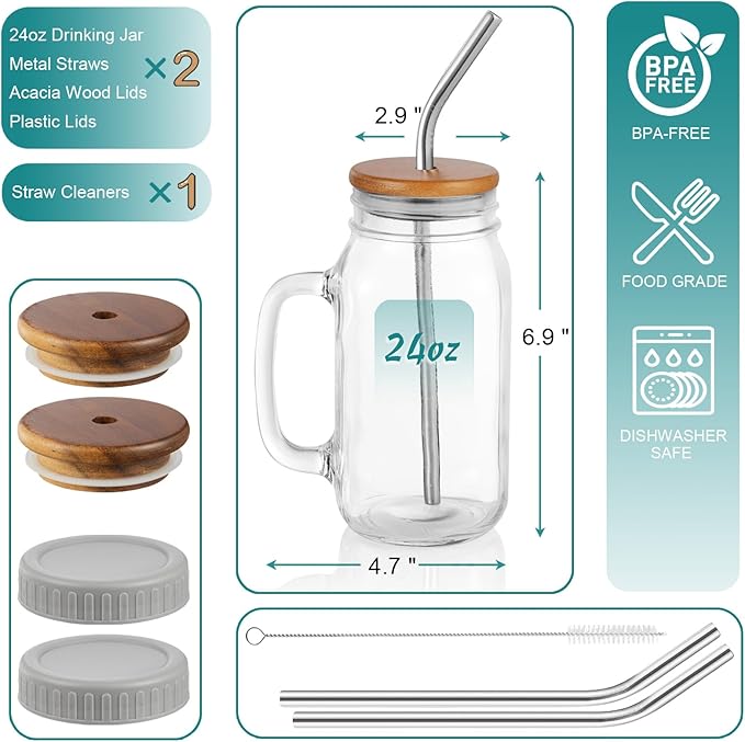DRASTAR Glass Cups for Iced Coffee, 24oz Mason Jar with Lid and Straw, Mason Jar Coffee Cup, Mason Jars with Handle Drinking Glasses Set of 2