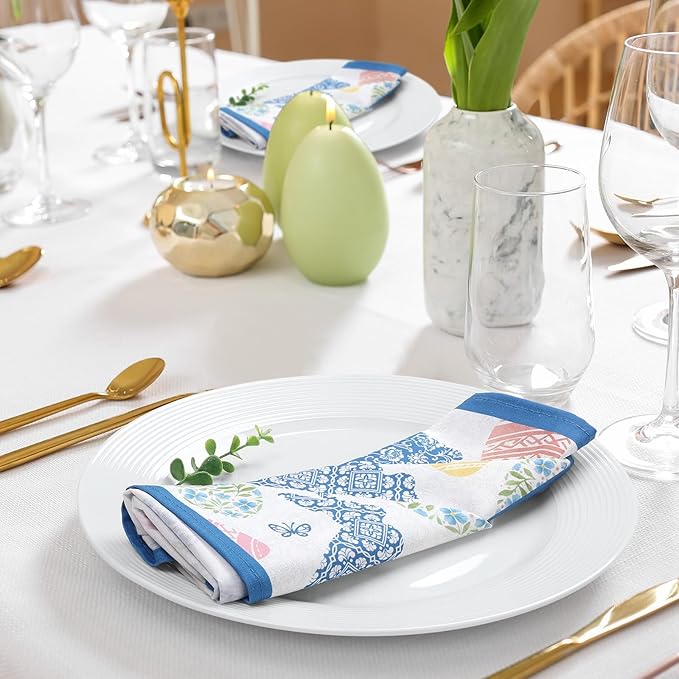 Easter Bunny Napkins, 18×18 Inch Blue Floral Egg Dinner Cloth Napkins Set of 6, Washable Cotton Soft Absorbent Square Napkins for Dining Kitchen Party Wedding Decoration