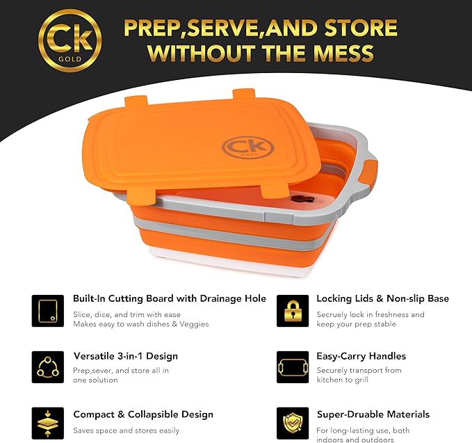 New XL Collapsible BBQ Prep Tub wtih LOCKING Lid, Cutting Board & Drain Hole | BPA-Free, Food-Grade, Recyclable, Space-Saving Caddy for Grilling, Camping, Kitchen & Outdoor Cooking (Orange, 16 Liters)