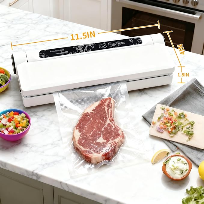 Food vacuum sealer, 75 kPa ，Compact Vacuum Sealer, equipped with a digital timer, Dry/Wet,sealing, including 20 Vacuum Sealer Bags, The chef's ideal food saver