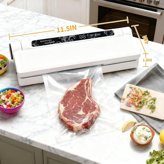 Food vacuum sealer, 75 kPa ，Compact Vacuum Sealer, equipped with a digital timer, Dry/Wet,sealing, including 20 Vacuum Sealer Bags, The chef's ideal food saver