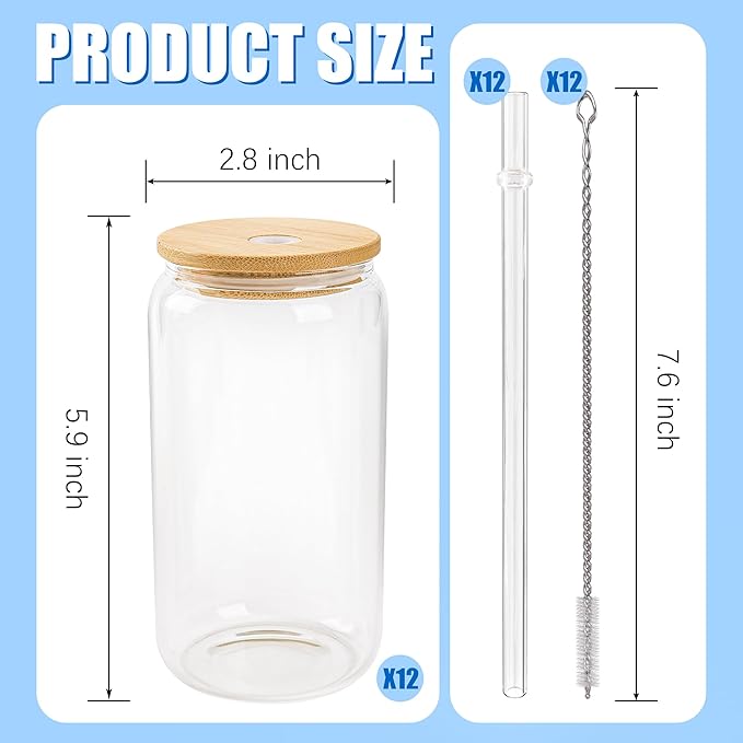 Joyclub 12 Pack Sublimation Glass Cups with Lids and Straws 16oz, Clear Sublimation Glass Tumbler Blanks Beer Can Shaped Mugs for Iced Coffee Smoothie Soda Boba Tea Cocktail Gift