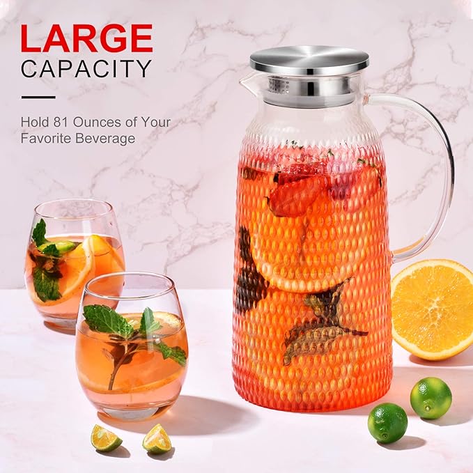 Aofmee 80oz Glass Pitcher with Lid, 2.4 Liter Water Pitcher, Glass Carafe for Cold or Hot Beverages, Sun Tea Jar, Easy Clean Heat Resistant Jug for Juice, Milk