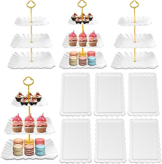 DIDROOM 10 Pack Dessert Table Display Set - 4 x Three-Tier Square Cupcake Stands and 6 x Serving Trays, Elegant Tableware for Cakes, Cupcakes, Pastries, and Snacks, Perfect for Parties (White)