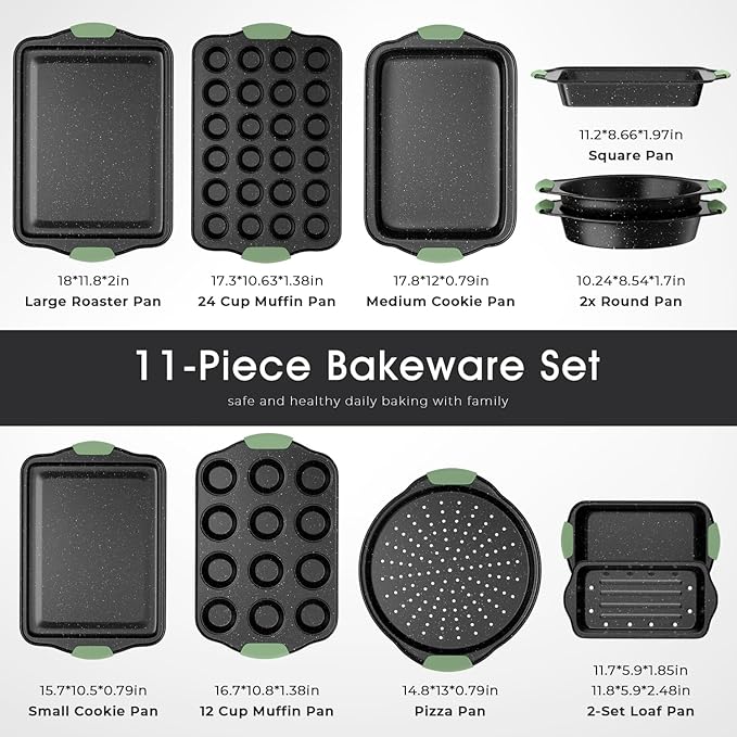 Slow Slog 11-Piece Nonstick Bakeware Set, Stackable & Oven-Safe Kitchen Baking Pans with Silicone Handles - Includes Cookie Sheet, Cake Pan, Muffin Tin, Pizza Stone & Bread Loaf Pan, Dark Green&Black