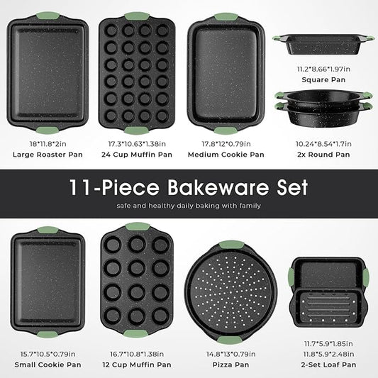 Slow Slog 11-Piece Nonstick Bakeware Set, Stackable & Oven-Safe Kitchen Baking Pans with Silicone Handles - Includes Cookie Sheet, Cake Pan, Muffin Tin, Pizza Stone & Bread Loaf Pan, Dark Green&Black