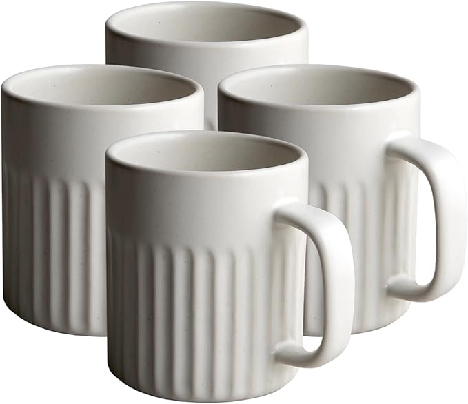 Goodies White Ribbed Coffee Mugs (Set of 4), Handmade Ceramic, Glazed, Dishwasher Safe, Microwave Safe, Secure Grip, Ergonomic Shape, Modern, 9 oz