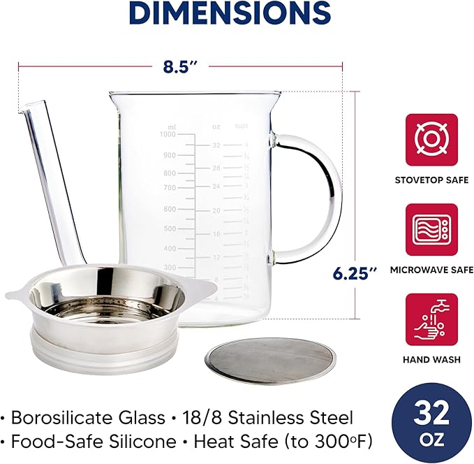 HIC Kitchen Roasting Fat Separator Gravy Strainer, Borosilicate Glass, 32-Ounces, For Stress-Free Holiday Meal Prep and Serving