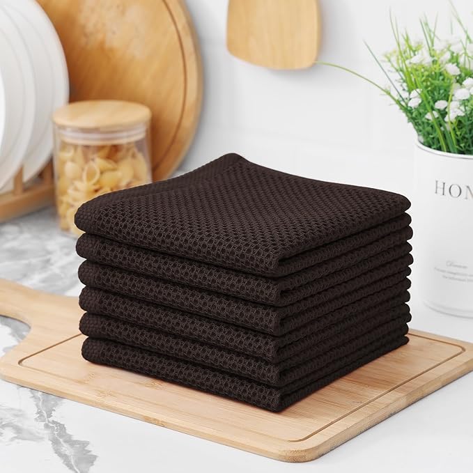 Kitinjoy 100% Cotton Kitchen Dish Cloths, 6 Pack Waffle Weave Ultra Soft Absorbent Dish Towels for Drying Dishes Quick Drying Kitchen Towels Dish Rags, 12 X 12 Inches, Dark Brown