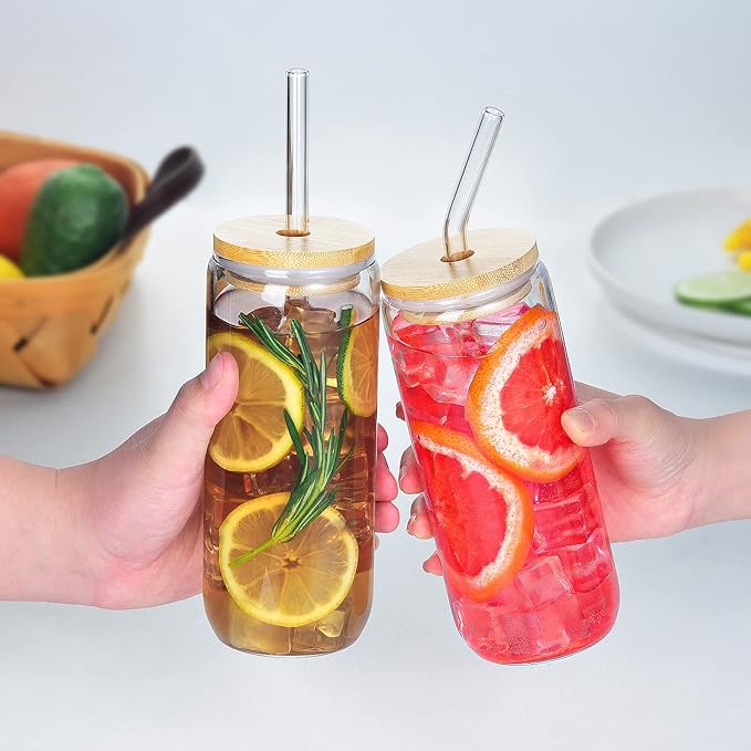 20 Oz Drinking Glasses with Bamboo Lids and Glass Straw - 6 Pcs Glass Cups Beer Ice Coffee Glasses Cute Aesthetic Cup Great for Coffee Bar Accessories Include 2 Cleaning Brushes