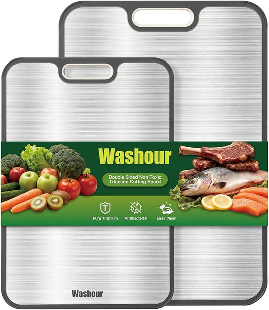 Washour Titanium Cutting Boards for Kitchen, Non Toxic 2-in-1 Cutting Board Double Sided, Chopping Boards Set for Fresh Meat Vegetable, Easy to Clean Large Size (18”+16”) Set of 2