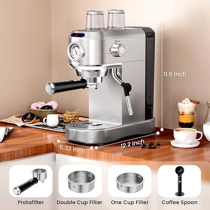 ANYCOLD Espresso Machine, 20 Bar Compact Espresso Maker with Steam Milk Frother, Stainless Steel Expresso Machines for Home, 34oz Removable Water Tank for Latte, Cappuccino, Silver