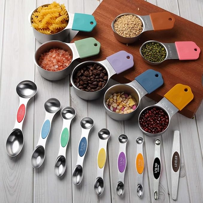 Magnetic Measuring Cups and Spoons Set 16Pcs, 304 Stainless Steel with Multicolor Silicone Handles, 7 Cups + 8 Spoons + 1 Leveler for Baking and Cooking