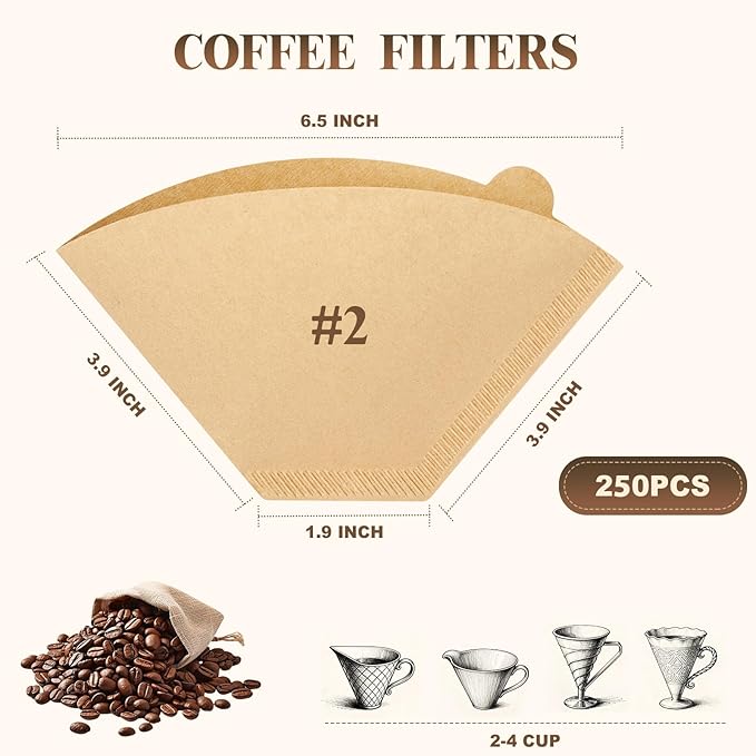 ZYFOTZUN 250 Count #2 Coffee Filtets 2-4 Cup, Premiun Unbleached Natural Coffee Paper Filters, No Blowout, Disposable Coffee Filter Cone Paper for Pour Over and Drip Coffee Maker