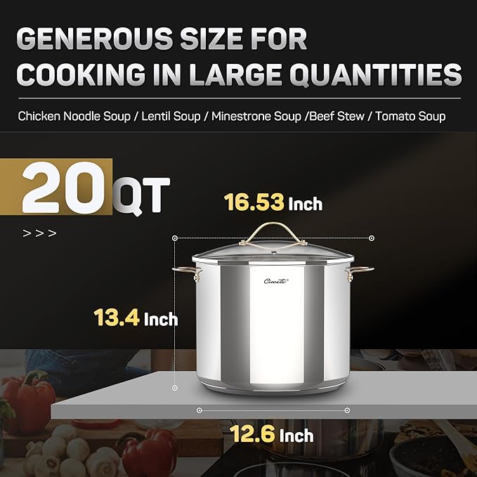 Ciwete Stock Pot 20 Quart, 3 Ply Stainless Steel Stock Pot with Lid, 20 Quart Soup Pot with Copper Handle, Healthy Stockpots, Induction, Oven, Gas and Dishwasher Safe