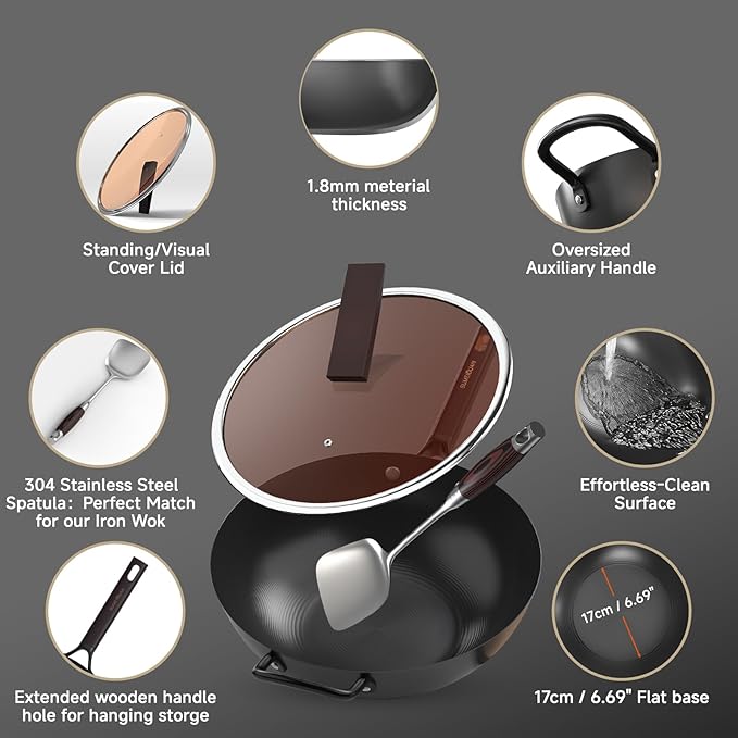 SUMEIGUAN 13.5" Carbon Steel Wok Pan - Pre-Seasoned Flat Bottom Woks & Stir-fry Pans Chinese Cookware with Lid & Spatula - For Pan-fry,Stir Fry, Steam, BBQ & Camping - Compatible with Induction, Gas