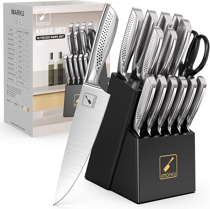 imarku 15-Piece Knife Set with Block, High Carbon Stainless Steel Kitchen Knives with Built-in Sharpener, Dishwasher Safe, Ergonomic Non-Slip Handle, Perfect for Home Cooks & Chefs, Black