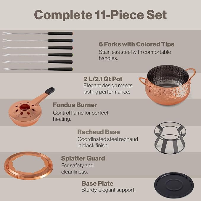 Swissmar Biel 11-Piece Copper-Plated Fondue Set – Hammered Finish – Ideal for Oil & Broth Cooking – Perfect for Entertaining, Kitchen Collections & Wedding Gifts – 2 Liter / 2.1 Quarts