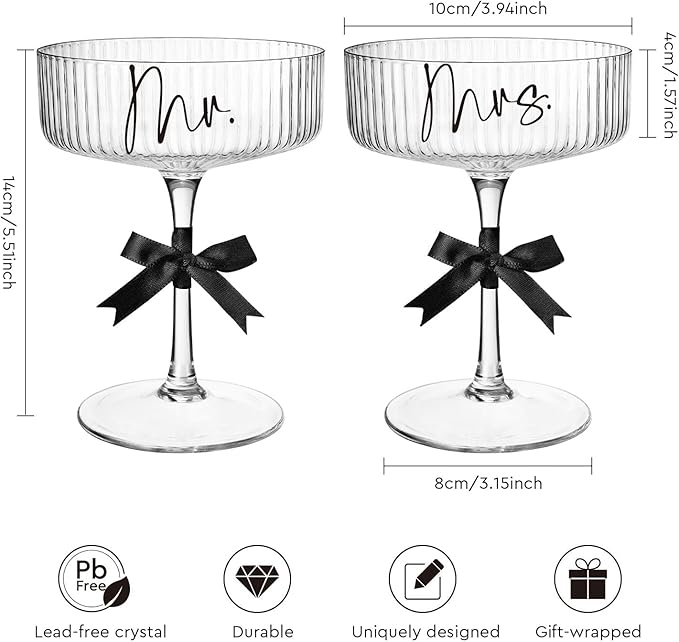 AW BRIDAL Mr and Mrs Champagne Glasses Enagagement Gifts for Newlywed Couples 2025, Bride and Groom Martini Glasses Set of 2 for Wedding Bridal Shower, Anniversary Coupe Glass Set Gift for Margarita