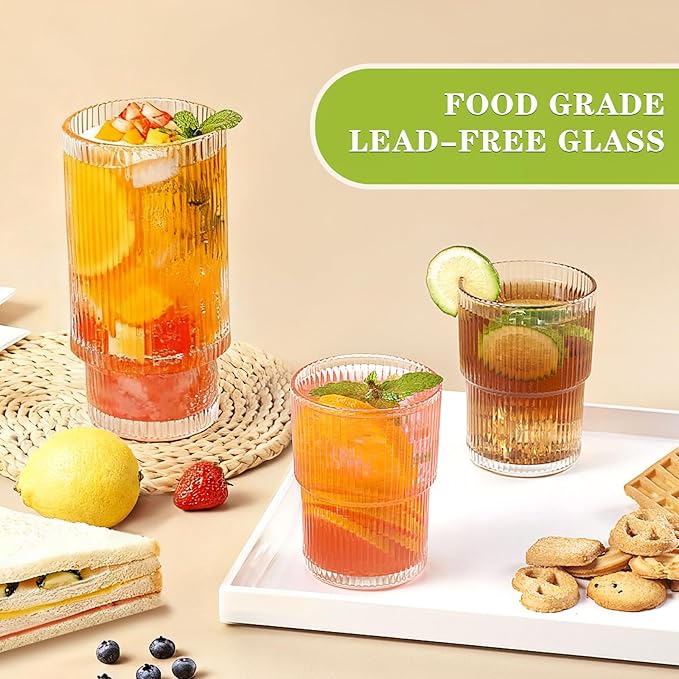 Ribbed Drinking Glasses Set of 4, Stackable Cute Kitchen Glasses Cups 16oz and 7oz Iced Coffee Glasses cocktail Glass cup for Water, Beverage, Whiskey