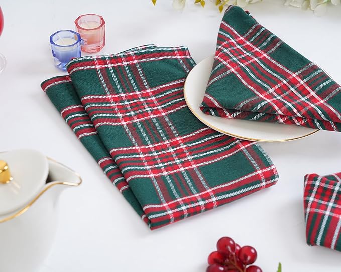 Blue Needles Gingham Buffalo Plaid Cloth Napkins 100% Cotton Set of 12 Dinner Table Christmas Napkins 18x18 inch Soft Reusable Washable Perfect for Event Parties & Everyday Use - Christmas Multi Green