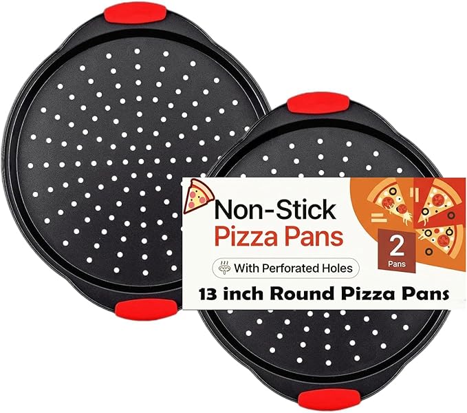 ZOEHROWS 13 Inch Pizza Pan for Oven (2 Pack) Round Pizza Pan with Holes - Non-Stick Carbon Steel Pizza Tray with Silicone Handles - for Cooking, Baking, and Grilling - Dishwasher Safe