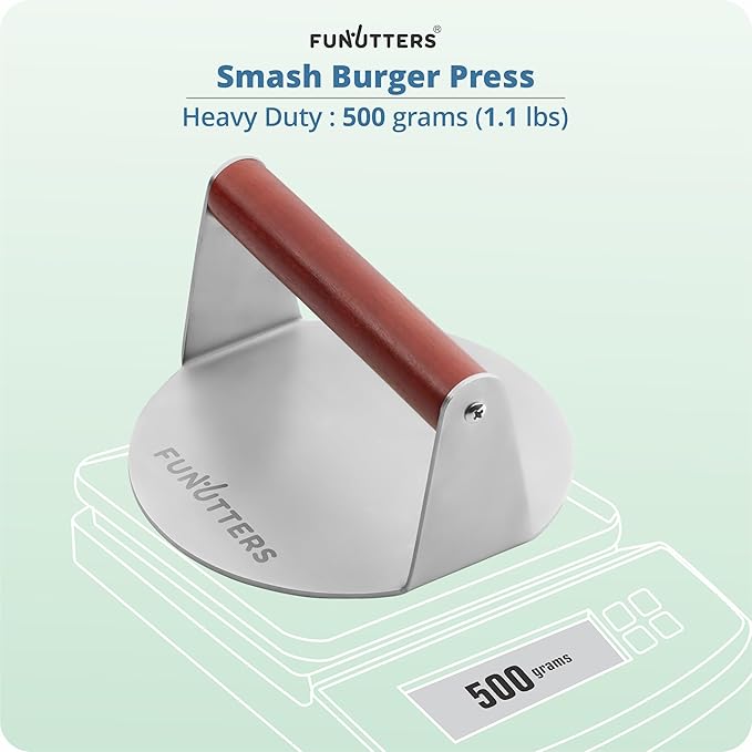 6'' Smash Burger Press Patty Maker, Hamburger Smasher Tool, Heavy-Duty Stainless Steel, BBQ Grill and Flattop Griddle Accessory - Commercial Grade (6'' with Beechwood Handle)