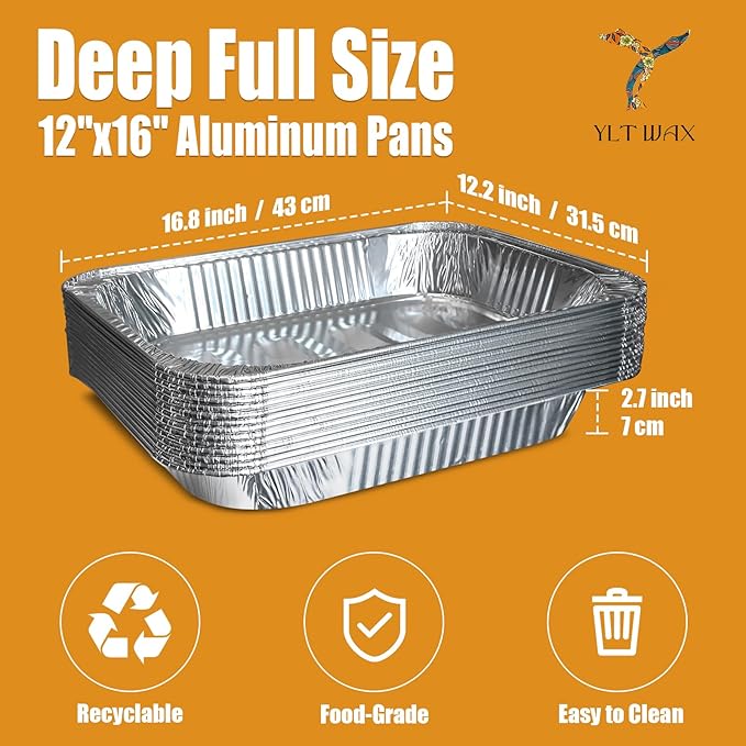 YLT WAX 12x16 Aluminum Foil Pans, 20 Pack Disposable Full Size Large Baking Pan for Roasting, Restaurants, Cooking, Heating, Buffets