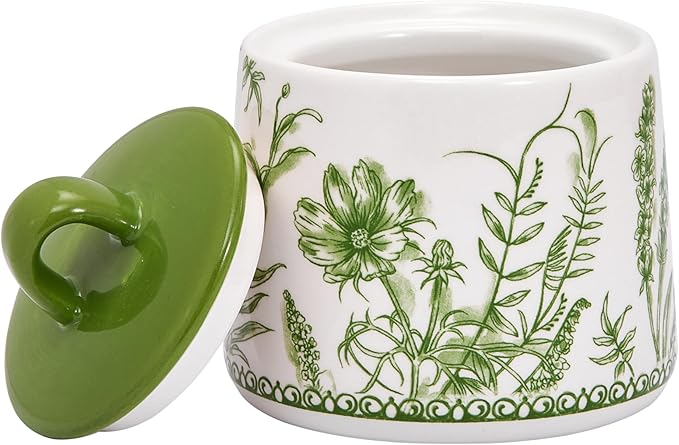 Bico Green Garden Toile De Jouy Ceramic Sugar and Creamer Set, Sugar Bowl with Lid, Cute Container for Coffee Bar, Kitchen Countertop Accessories, Microwave and Dishwasher Safe