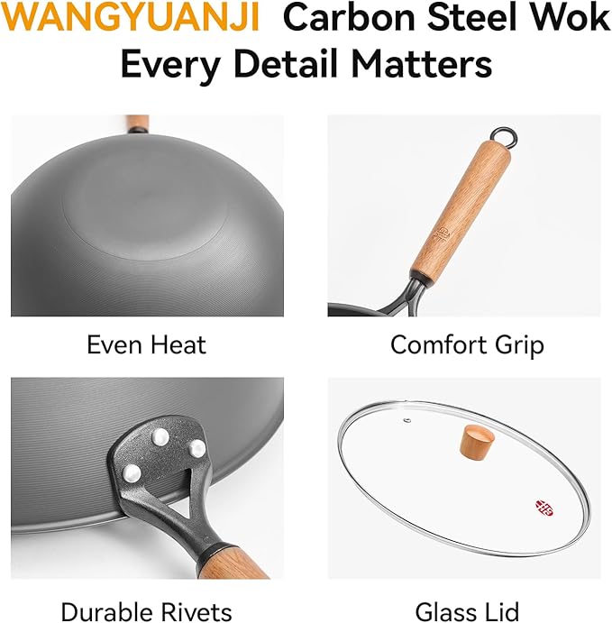 WANGYUANJI 12.6" Carbon Steel Wok with Lid & Spatula - Gift Ready Packaging, Precision Spun Iron Stir Fry Pan for 3-4 People - Flat Bottom, Nitrided Rust-Resistant Surface (Requires Seasoning)
