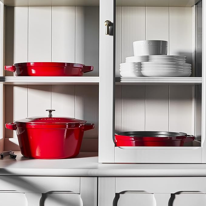 STAUB Cast Iron Set 4-pc, Stackable Space-Saving Cookware Set, Dutch Oven, Skillet, Grill Pan with Universal Lid, Made in France, Cherry