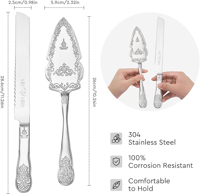AW Bridal Silver Cake Cutting Set for Wedding, Stainless Steel Engraved Wedding Cake Knife Pie Server Gifts for Bridal Shower Engagement, Silver