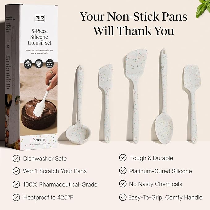 GIR: Get It Right 5-Piece Silicone Essentials Kitchen Utensils Set - Ladle, Spatula, Flip, Spoon & Spoonula - Non-Toxic Cooking Utensils for Nonstick Cookware, Cooking and Baking - Party Confetti