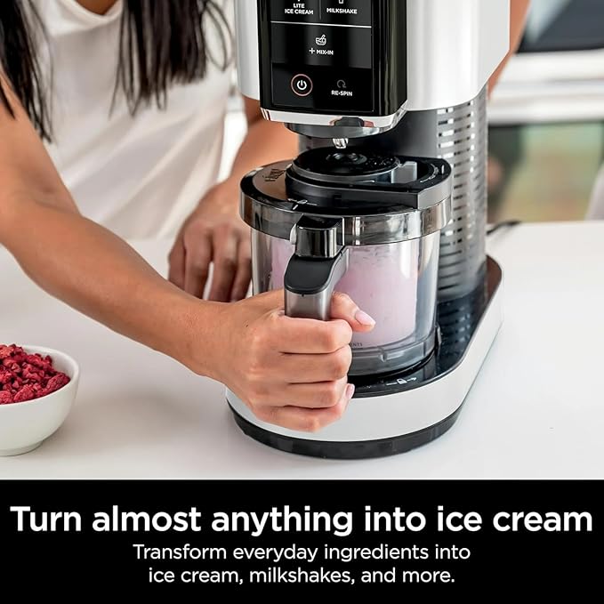 Ninja CREAMi Ice Cream Maker, 5 One-Touch Programs, Includes (2) 16oz Pints with Lids, Transform Frozen Bases to Ice Cream, Sorbets, Milkshakes, Vegan, Dairy-Free Options, NC300 White (Renewed)