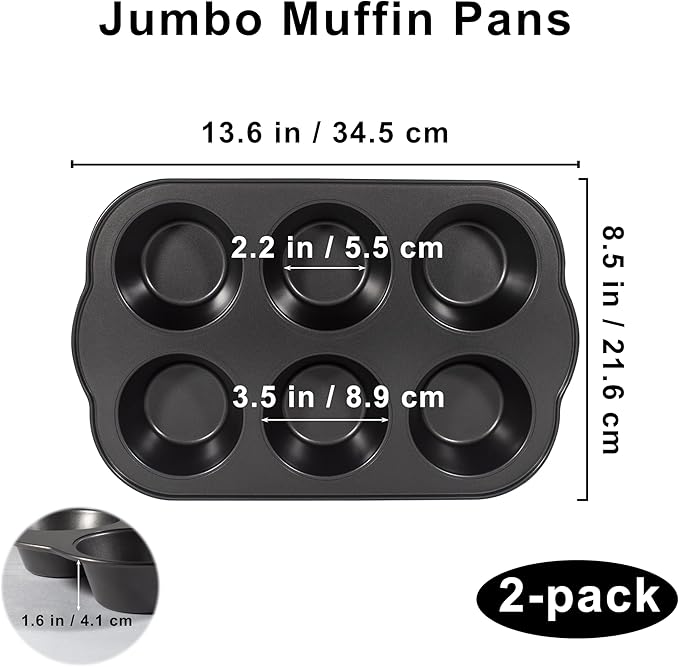 Bakexcel Non-Stick Jumbo Muffin Pans, 3.5" 6-Cup Set of 2 Baking Pans, Heavy Duty Carbon Steel Tins for Extra-large Muffins & Cupcakes