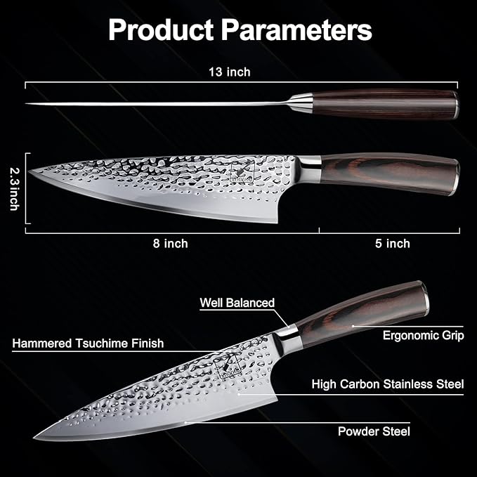 imarku Damascus Chef Knife, 8 Inch Kitchen Knife Ultra Sharp Cooking Knife HC German Stainless Steel Japanese Knife for Kitchen, Hand-Hammered Design, Ergonomic Handle, Birthday Gifts for Men Women