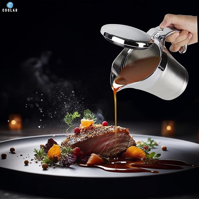 450ML Stainless Steel Gravy Boat with Lid – Double Insulated Gravy Pitcher for Hot & Cold Sauces – Elegant Sauce Boat Small Gravy Server for Steak, Turkey, and Holiday Dinners