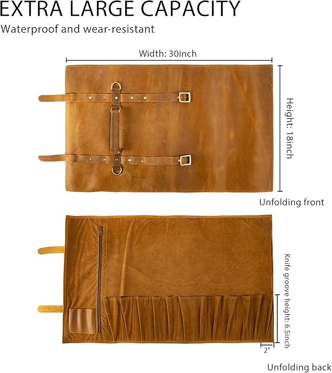 Genuine Leather Knife Roll, Knife Bags for Chefs Professional, Small Chef'S Knife Case Holder, Knives Holders Protectors with 7 Slots, Portable Chef Knife Roll Chef Knife Bag (12 Slots brown)