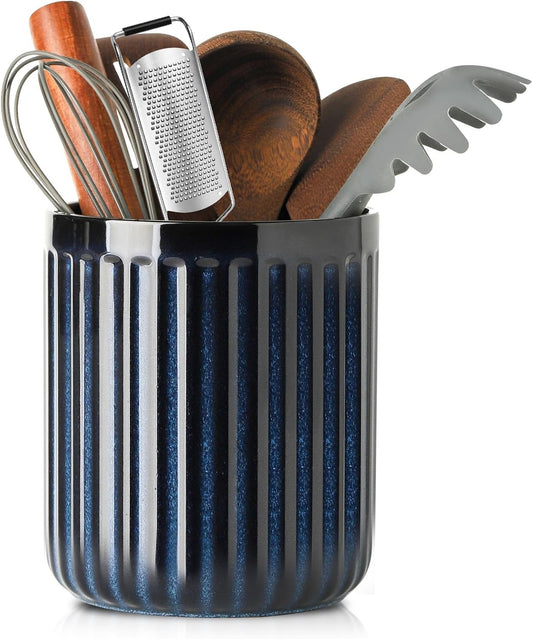 HASENSE Ceramic Utensil Holder, 7.3" x 6.2" Ribbed Utensil Crock for Farmhouse Decor, Porcelain Cooking Utensil Holder for Kitchen Countertop, Utensil Organizer for Housewarming Gift, Navy Blue