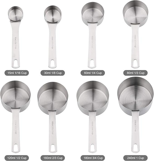 Stainless Steel Measuring Cups set of 8 measuring cups and 1 Magnetic Conversion Chart,1 Locking Ring,The Durable and Portable Kitchen Measuring Kit for Cooking and Baking