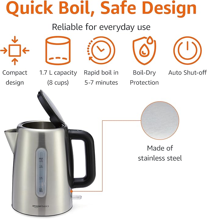 Amazon Basics Electric Stainless Steel Kettle for Tea and Coffee, BPA-Free, Fast Boiling, Auto Shut-Off, 1.7 Liter, 1500W, Black and Silver