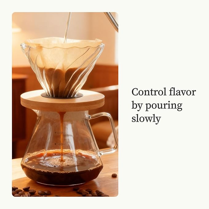V60 Pour Over Coffee Maker Set with 100 Paper Filters, Glass Dripper and 20 oz Carafe, Manual Drip Coffee Brewer with Bamboo Base for Home or Office, Barista Style Pour Over Kit