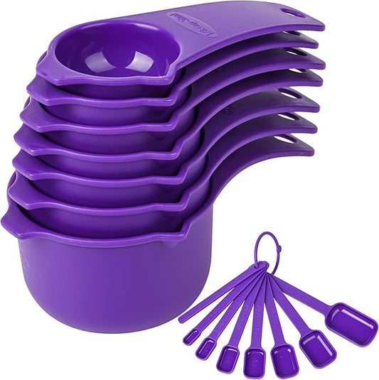 Plastic Measuring Cups and Spoons Set, Purple Dry Measuring cups Set with Spout and Leveler for Kitchen and Baking, BPA free and Dishwasher Safe, Nesting Measuring Cups Set of 15