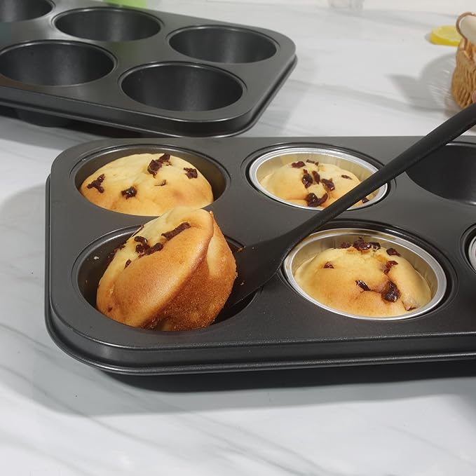 Bakexcel Non-Stick Jumbo Muffin Pans, 6-Cup Set of 2 Baking Pans with a Spatula for Extra-large Muffins & Cupcakes