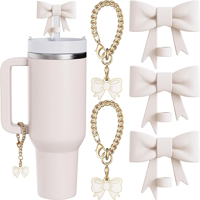 Compatible with Stanley Cup Accessories - 3Pcs 10mm Bow Straw Topper Compatible with Stanley Cup Straw Cover Cap, 2pcs White Bow Charms for Stanley 30&40 Oz Tumbler with Handle