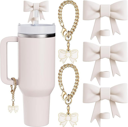 Compatible with Stanley Cup Accessories - 3Pcs 10mm Bow Straw Topper Compatible with Stanley Cup Straw Cover Cap, 2pcs White Bow Charms for Stanley 30&40 Oz Tumbler with Handle