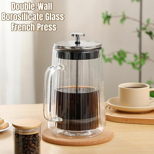 CHDEXU Glass French Press Coffee Maker 34oz, Double Wall Heat-Resistant Borosilicate Glass Coffee Press with Stainless Steel 4-Level Filtration, Also Fit for Tea