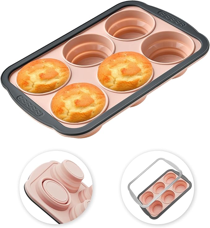 YiYeraio Silicone Muffin Pans for Baking with Metal Frame, 6 Cup Silicone Muffin Pan, Nonstick Cupcake Pan, BPA Free Muffin Tins Easy to Pop Cupcake Baking Pan Molds for Oven Dishwasher Safe Pink